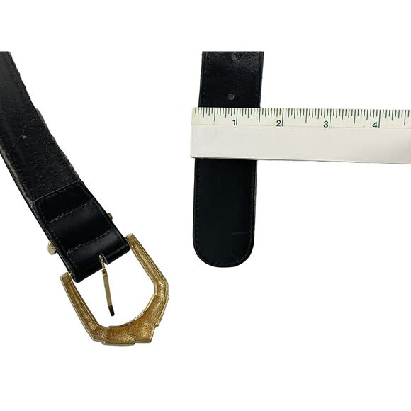 St. John Knits Classic Black Leather Statement Belt Gold & Black Buckle Size 8 main image 4